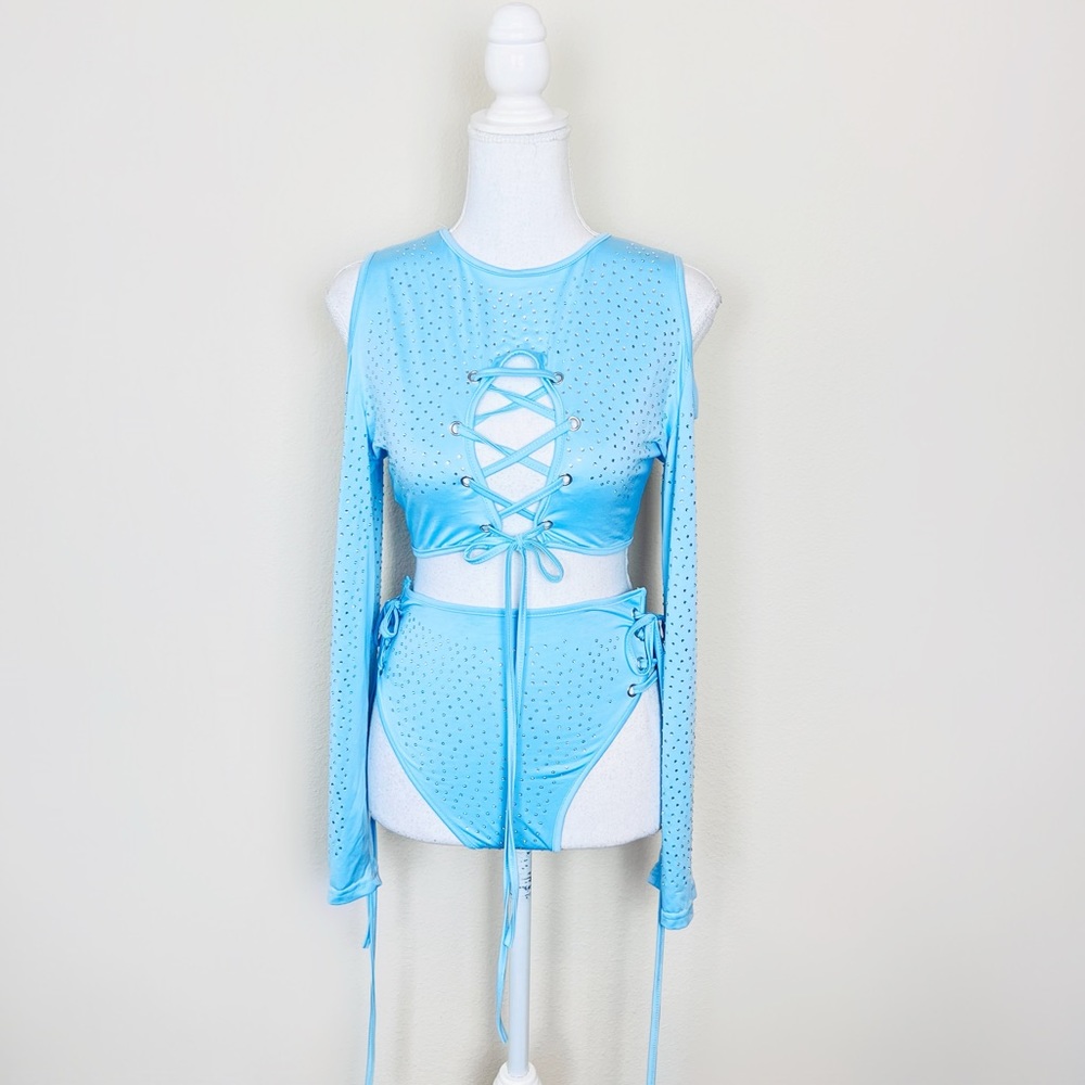 Baby Blue Rhinestone Cut Out Lace Up Long Sleeve Crop Top & Bottoms Rave Set - Picture 1 of 12